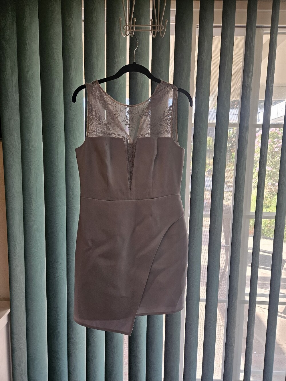 BCBGMaxAzria Gray Sheath Dress with Lace Yoke
